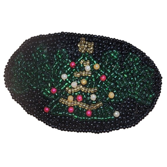 Vintage Beaded Christmas Tree Oval Leather Hair Barrette Clip Holiday Festive - Picture 1 of 4